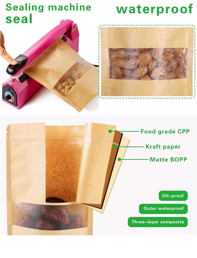 Biodegradable recycled customized stand up pouches dry food packaging brown kraft paper bags with translucent window