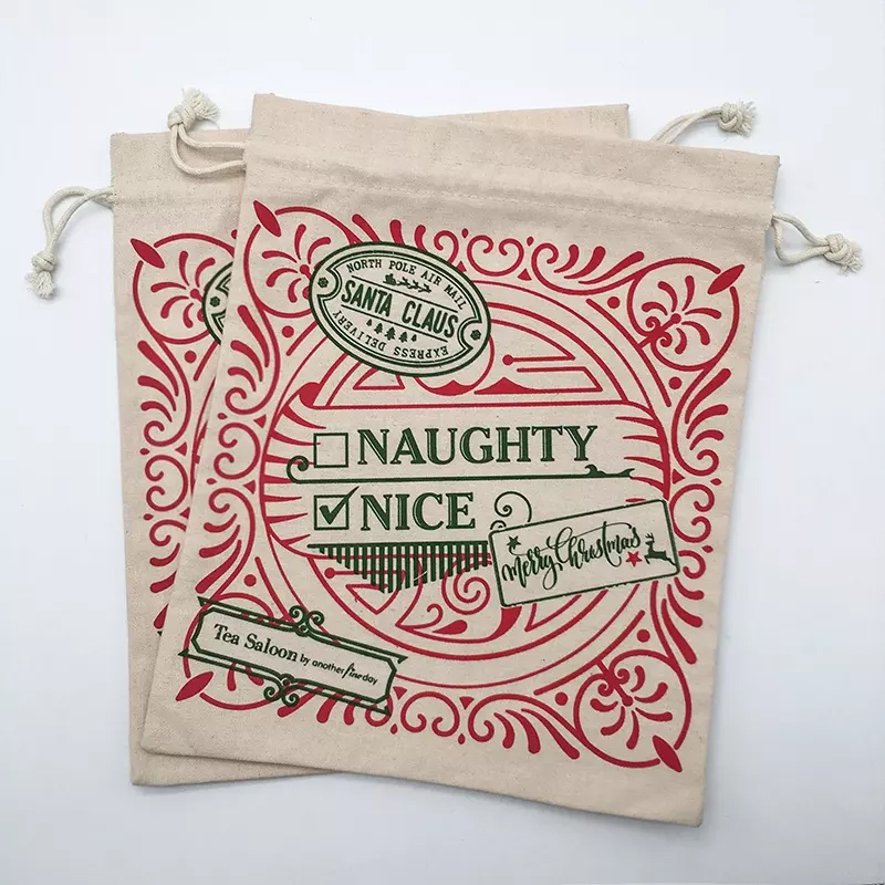 Custom Logo Printed cotton canvas Christmas Gift Drawstring Pouch natural Cotton String cotton canvas Bag 