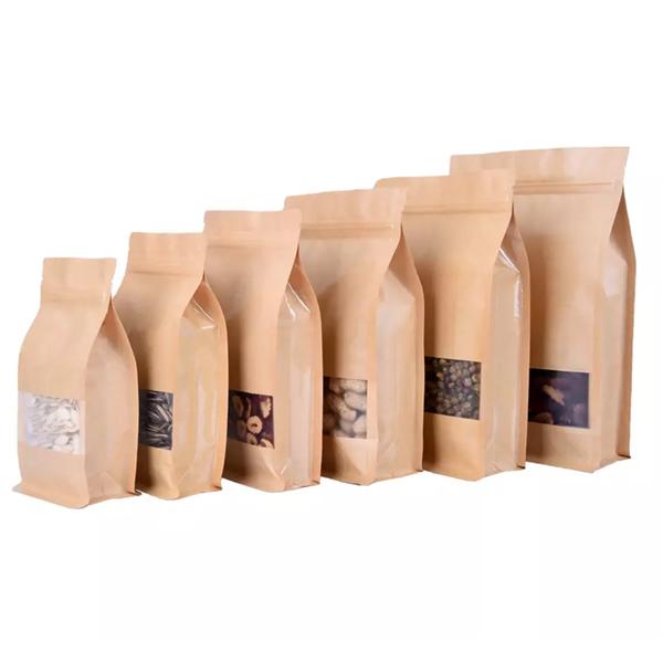 Wholesale personalized Kraft Paper Egiht side sealed Ziplock Bag square bottom with transparent windows for coffee beans, condiments, nuts, candy, cookies, snacks