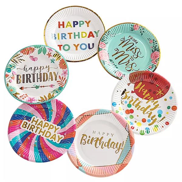 China Factory Customized 7inch 9inch Custom Party Plates Happy Birthday Party Tableware Disposable Paper Plates Cake Plates
